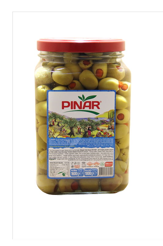 PINAR 1600 cc CAM 201-260 BİBER PASTA DOLGULU YEŞİL ZEYTİN 1000 GR